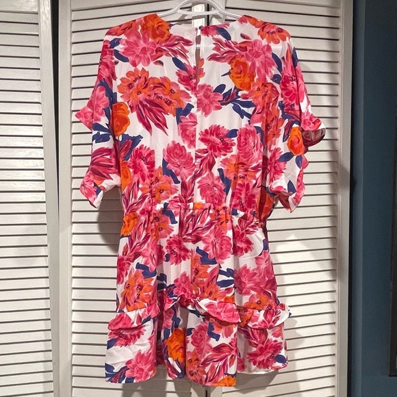 UMGEE PINK & ORANGE FLORAL ROMPER RUFFLE SHORT SLEEVE V-NECK DRAWSTRING WAIST - Picture 1 of 15